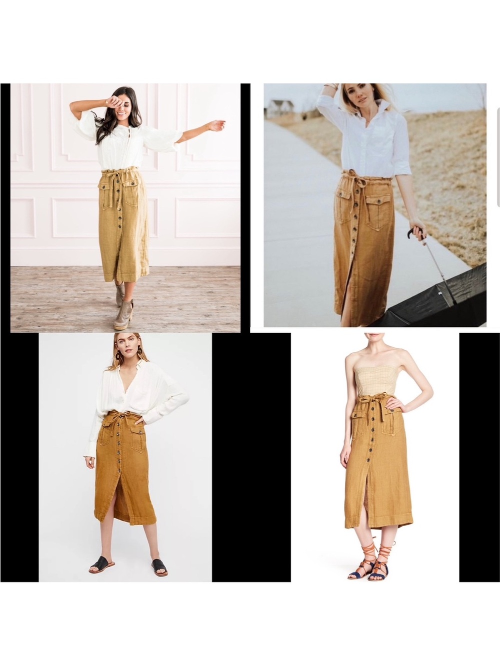 Free People Neutral Tan Button-Front Midi Skirt with Drawstring Waist XS